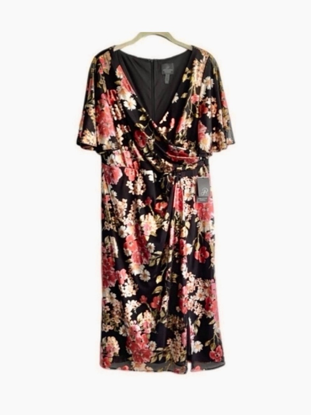 NEW Adrianna Papell Flutter Sleeve Cocktail Dress Foil Florals Black Size 14P - Picture 14 of 15